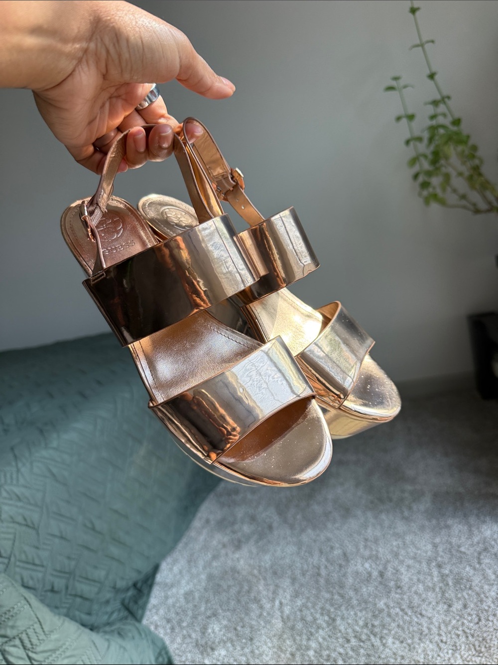 GUESS Metallic Rose Gold Strappy Slingback Sandals